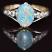 Art Deco 18ct gold ring set with a black opal and diamonds in a platinum setting, 2.3g, size K