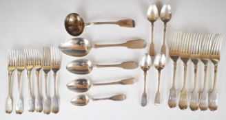 Georgian and later fiddle pattern hallmarked silver cutlery comprising five table forks, six dessert