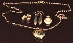 A 9ct gold heart locket on 9ct rose gold chain, and further 9ct gold including faceted and other