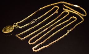 A 9ct gold guard chain made up of rope twist and elongated links (23.7g) and a Victorian gold plated