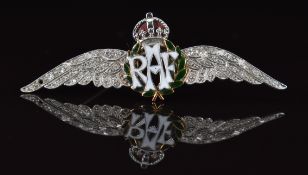 A c1930 9ct bi-coloured gold RAF brooch set with transitional cut diamonds and enamel, 6.7g, 5.8cm