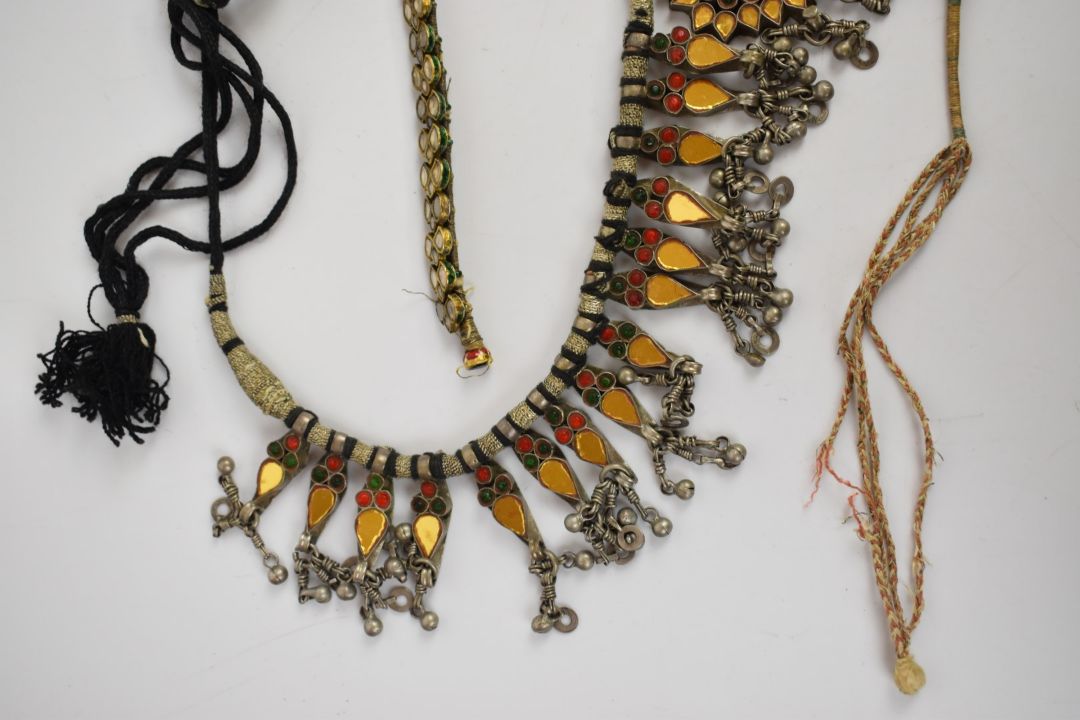 Two Indian bracelets made up of enamelled white metal links and an Indian white metal necklace - Image 2 of 3