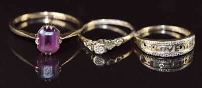 Two 9ct gold rings set with diamonds and a 9ct gold ring set with paste, 4.2g, sizes R & H