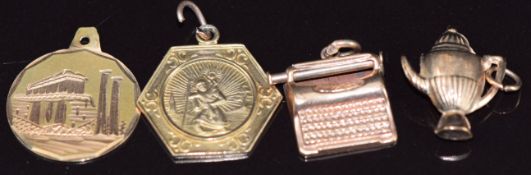 A 14k gold pendant (0.8g), 9ct gold St Christopher pendant, 9ct gold charm in the form of a coffee