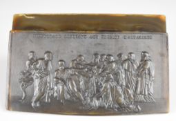 19th century carved horn snuff box with classical scene and phrase above 'hippocrate refusant les