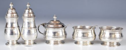 Elizabeth II hallmarked silver five piece cruet set, Birmingham 1960, maker Adie Brothers Ltd,