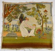 Late 18th / 19th century embroidery of a lady wearing pearls dancing with a child in a formal garden
