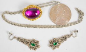 A pair of silver earrings set with paste, Victorian brooch set with foiled paste and a silver