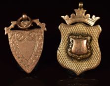 Two 9ct rose gold fobs, engraved to G.B.Niblett for fishing/ angling, 19.9g