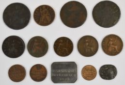 A group of interesting copper coinage to include a Roman radiate head example, 1673 Charles II