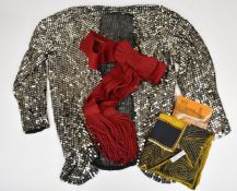 Liberty of London scarf, sequinned jacket and a leather belt by W Carter and Co London. Formerly the