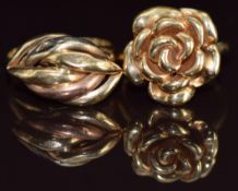 A 9ct gold ring in the form of a flower and a 9ct gold tri-coloured ring, 7.1g, size Q