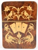 19thC inlaid specimen wood playing card case with card and bird decoration, Tunbridge Ware / micro