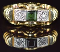 A 14k gold ring set with a rectangular cut tourmaline and two diamonds, 3.4g, size Q