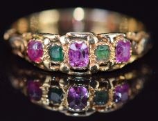 Victorian yellow metal ring set with pink sapphires and tourmalines, 1.5g, size J