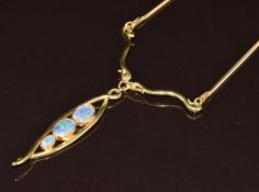 An 18ct gold necklace set with three opal triplets, on 18ct gold snake chain,17.2g, 45cm