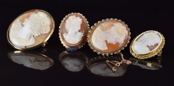 Three 9ct gold brooches and a gold plated brooch, all set with cameos