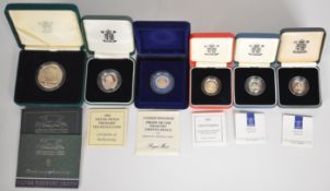 Six Royal Mint piedfort silver coins comprising a crown, £1, 10p, 20p and two 5p, with