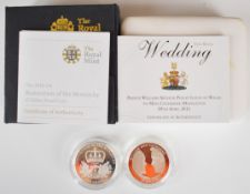 Two cased Royal Mint proof £5 coins comprising William and Kate Wedding 2011 and Restoration of