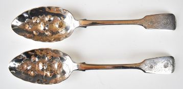 Pair of Victorian hallmarked silver berry table spoons, London 1846, maker Francis Higgins II,