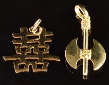 Two 14k gold pendants, one in the form of a Chinese character and the other an axe, 2.4g, (2.6 & 1.