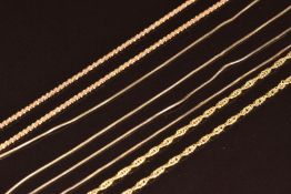 Two 9ct gold snake chains, 9ct gold adjustable chain and another 9ct gold chain, 9g
