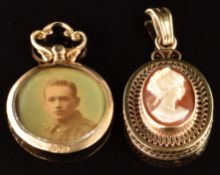 A 9ct gold pendant set with a cameo (4.3g, 4cm) and a 9ct gold locket, Glasgow 1912