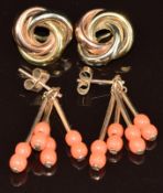 A pair of 9ct gold tri-coloured knot earrings (4.3g, 17mm) and a pair of 9ct gold earrings with