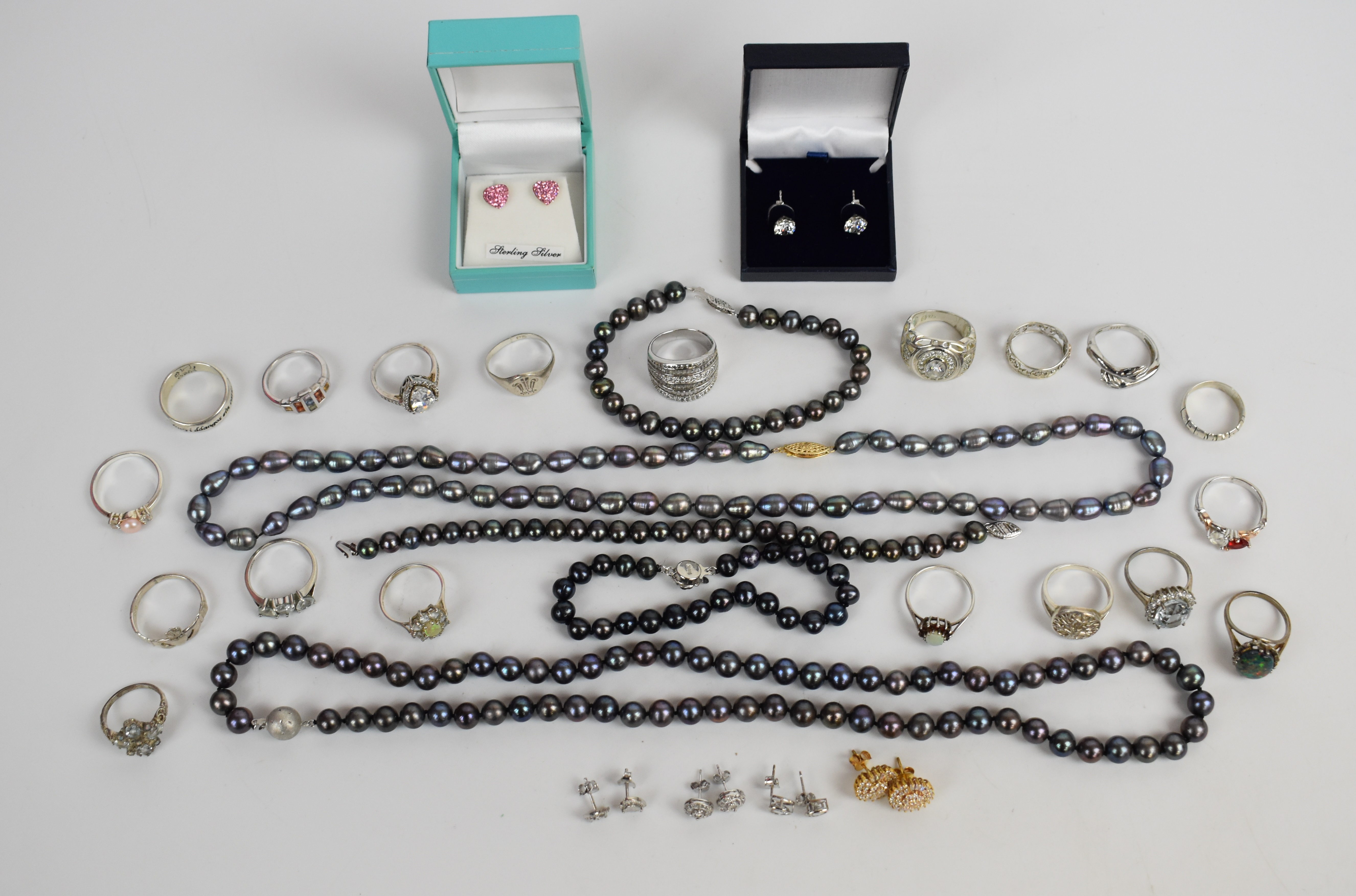 A collection of silver jewellery including 18 rings and six pairs of earrings, together with two - Image 2 of 4