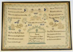 Georgian tapestry sampler with birds, foliage and dated 1816, with dedication to James Viercante, 28