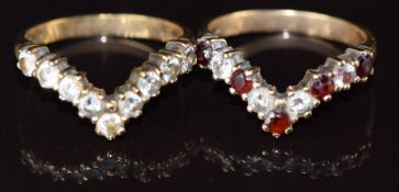 Two 9ct gold V shaped rings set with cubic zirconia and garnets, 6.7g, size P