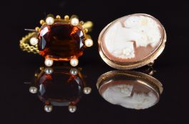 Edwardian 15ct gold brooch set with citrine and split pearls and a 9k gold brooch set with a