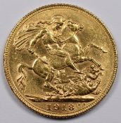 1918 George V full gold sovereign with India mint mark