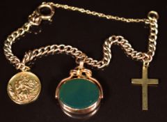 A 9ct gold charm bracelet with three 9ct gold charms/ pendants including swivel fob, St