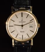 Excalibur Camelot 9ct gold gentleman's wristwatch with date aperture, black hands, two-tone baton