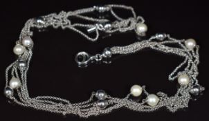 Georg Jensen silver five strand necklace set with pearls and silver beads, 24.8g, 42cm