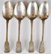 Set of four Georgian hallmarked silver Fiddle pattern table spoons, London 1825, maker William