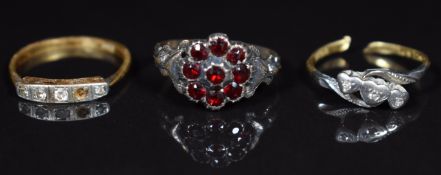 Victorian ring set with Bohemian cut garnets (band cut), and two 18ct gold Art Deco rings set with