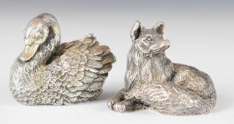 Two novelty silver models of animals comprising a fox, with import marks to base and a swan, also