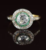 Art Deco platinum ring set with an old cut diamond of approximately 0.9ct surrounded by a circle