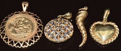 Four 9ct gold pendants comprising chilli, heart, bi-coloured and faux sovereign, 8.5g