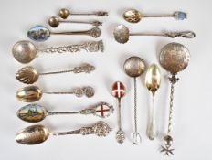 Souvenir silver and other spoons including Chinese Wang Hing, American Sterling example, 800 grade
