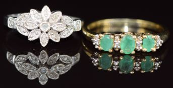 A 9k white gold ring set with diamonds (2.3g, size P) and a silver gilt ring set with an emerald
