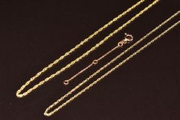 An 18ct gold chain (1.7g, 43.5cm), 9ct gold chain (0.6g, 45cm) and a 14k rose gold chain