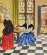 19th / 20thC embroidery of two ladies in a parlour, Edwin Holmes label verso, 42 x38cm including