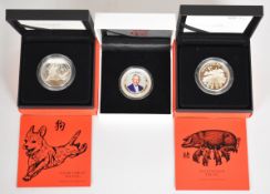 Two Royal Mint Luna Year 1oz silver proof coins 2018 and 2019, together with a NZ Post 1oz silver