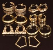 Seven pairs of 9ct gold hoop earrings, 11g