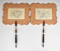 Pair of embossed card and gilt, turned and carved wood handled hand held fire screens, overall
