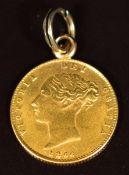 1866 Queen Victoria bun head gold half sovereign with pendant mount on a faceted loop, 4.3g
