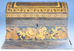 Victorian rosewood and Tunbridge ware swept rectangular two division tea caddy, the hinged domed top